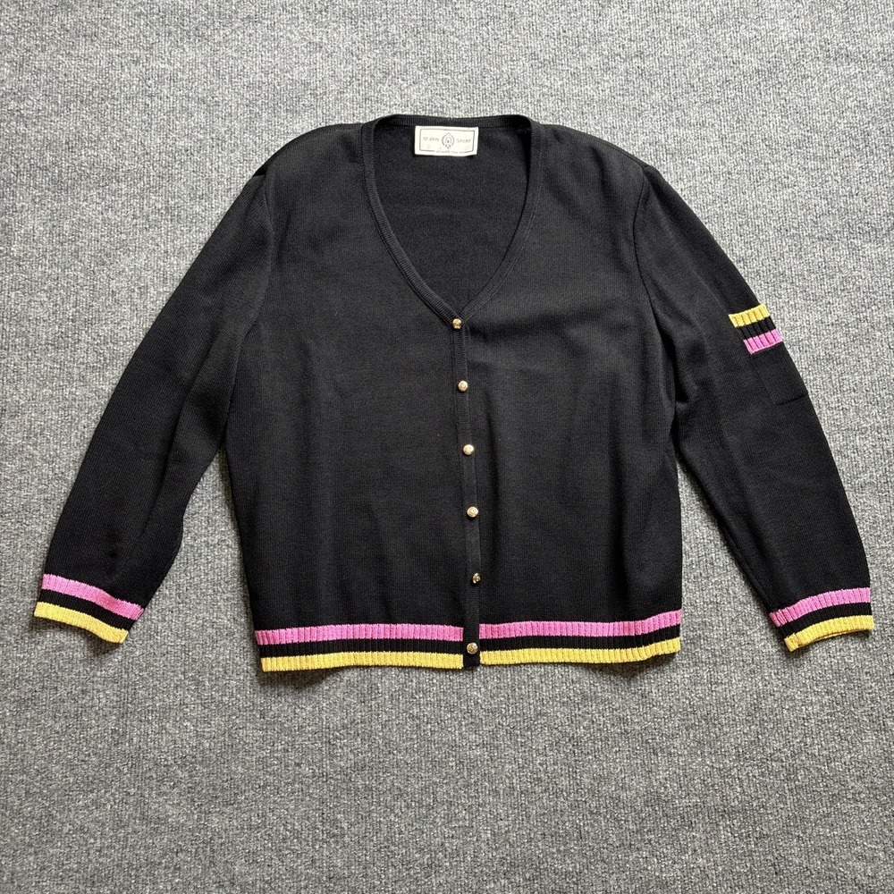 St. John Sport Vintage Long Sleeve Knit Button Up Cardigan Striped Trim Size Med